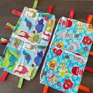 Set of 2 Handmade Lovey Taggie Baby Boy Dinosaur Robots Toy Blankets